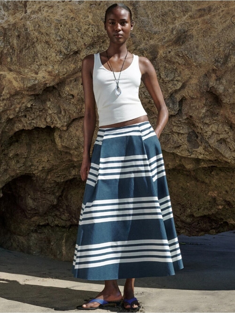 J.Crew Side-Pleat Midi Skirt in Sailor-Stripe Cotton Poplin